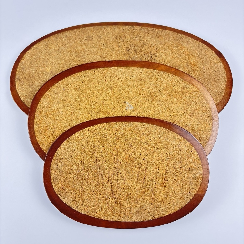 3 Oval Wooden With‎ Cork Hot Pad Trivets 8" 10" And 13" With Finger Grips Sweden